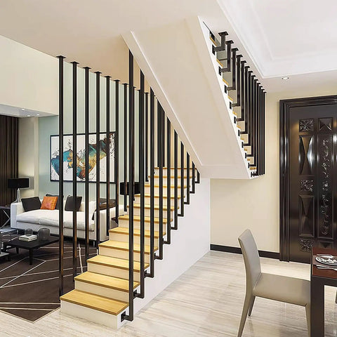 Interior Wrought Iron Stair Handrails With Rust Resistant Nano Coating And Secure Safety Grab Bars For Modern Duplex Homes Solid Square Pipe Balusters in a stylish staircase.