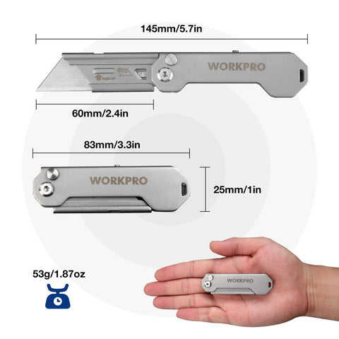 WORKPRO 2-pack EDC folding utility knives with quick-open axis lock, belt clip, includes 10 blades