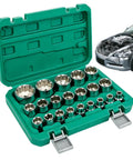 Rock Solid 12 Point Metric Socket Set With Power Drill Adapter And Durable Storage Case For Tough Auto Repairs And Home Plumbing Jobs To Prevent Slippage On Corroded Bolts. Green case with metric 12-point sockets for auto repairs