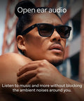 Person wearing Smart AI Glasses For Men And Women With 12 MP Ultra Wide Camera Open Ear Audio Hands Free Video Recording