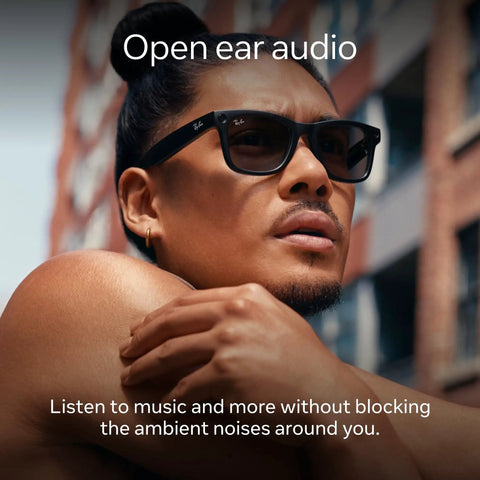 Person wearing Smart AI Glasses For Men And Women With 12 MP Ultra Wide Camera Open Ear Audio Hands Free Video Recording