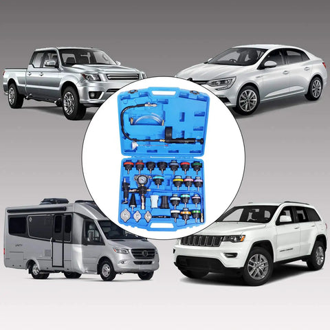 Real Deal Heavy Duty 28 Piece Radiator Pressure Tester And Pneumatic Vacuum Coolant Refill Kit For Domestic And Import Vehicles With Universal Cone Adapter Set in blue storage case with adapters and cars.