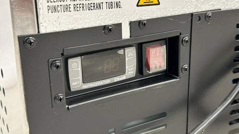 Digital thermostat and control panel of Commercial Buffet Cold Table Refrigerator Delivers Prime Cooling And Slick Stainless Steel Exterior 72 Inch Wide.