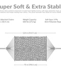 Diagram of Cozy Outdoor Double Hammock With Soft Spun Polyester Rope 600 Pound Capacity Extra Large Tan Hammock For Two 124 Inch Wide Overall Bed 75 Inch Wide By 55 Inch Deep Tie Between Trees Or Use A 15 Foot Stand Not Included, showing dimensions and features.