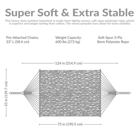 Diagram of Cozy Outdoor Double Hammock With Soft Spun Polyester Rope 600 Pound Capacity Extra Large Tan Hammock For Two 124 Inch Wide Overall Bed 75 Inch Wide By 55 Inch Deep Tie Between Trees Or Use A 15 Foot Stand Not Included, showing dimensions and features.
