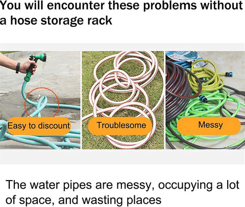 Visual comparison showing garden hose problems without Tough As Nails Heavy Duty Garden Hose Reel Cart With Retractable Water Pipe.