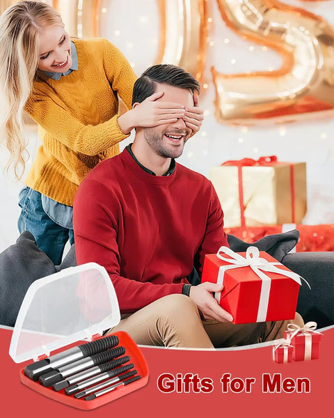 Couple exchanging gifts; Upgraded 6 Piece Screw Extractor Set For Stripped Broken Stuck Screws Easy Out Damaged Bolt Remover Kit