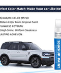 Ford Oxford White Touch Up Paint Kit For 2-In-1 Scratch Repair Pen next to white Ford SUV, features and benefits listed on image.