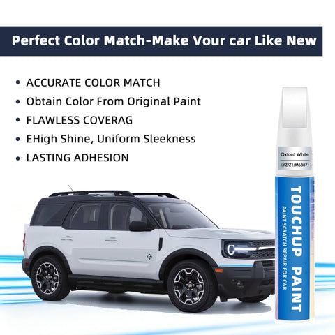 Ford Oxford White Touch Up Paint Kit For 2-In-1 Scratch Repair Pen next to white Ford SUV, features and benefits listed on image.