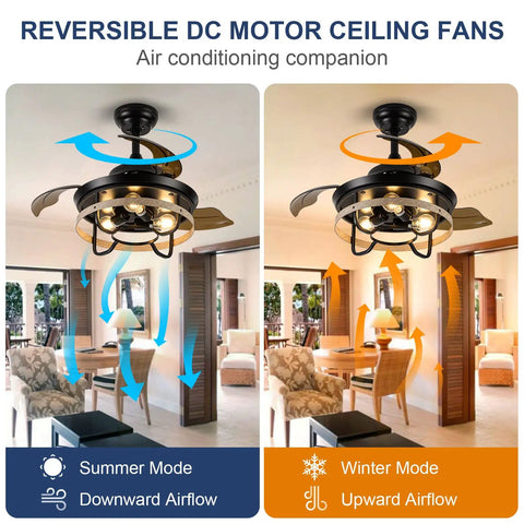 Dope Farmhouse Style Ceiling Fan With Light Black Cage Design Remote Control Retractable Blades 6 Speed Reversible Motor operation
