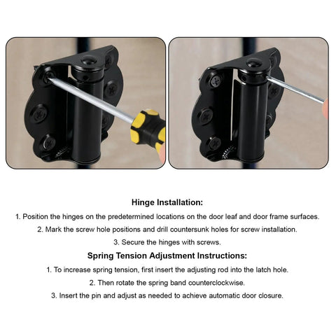 Instruction guide showing installation of self closing door hinges kit 3 pack with 18 screws includes 2 non adjustable and 1 adjustable hinge.