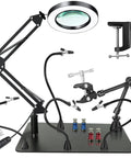 All In One Soldering Station Kit With 10X LED Magnifier Lamp And Lighted Glass Stand, 360 Hot Air Gun Holder, Four Magnetic Third Hands And PCB Holder For Pro Electronics Soldering
