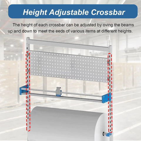 Height adjustable crossbar on a Solid Commercial Packaging Dispenser With Cut Blade And Brake Wheels for easy use.