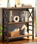 Slick Three Tier Industrial Bookshelf With Heavy Duty Metal Frame And Solid Back Panel showcasing decor and books in a cozy living space.