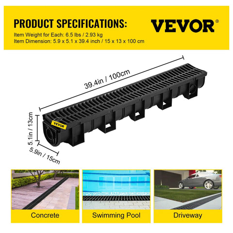 Low-Profile Trench Drain System With Plastic Grate 5.9x5.1 Inch HDPE Channel Drainage For Garden And Driveway 6 Pack