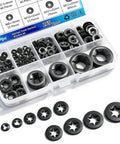 Top view of Ruipaba 265-piece internal-tooth star lock washers set in a clear plastic storage box with 9 sizes.