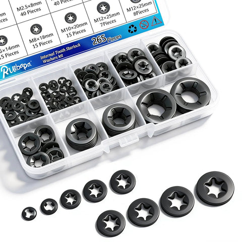Top view of Ruipaba 265-piece internal-tooth star lock washers set in a clear plastic storage box with 9 sizes.