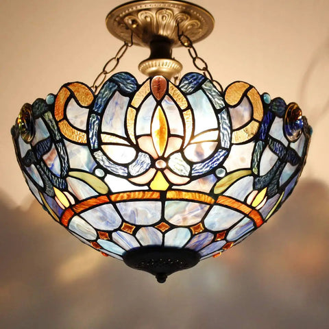 Tiffany Style Ceiling Light Fixture With Blue Purple Cloudy Stained Glass Semi Flush Mount Lamp 16 Inch Wide And 15 Inch Tall Antique Green Bronze Finish Hardwired Design For An Old School Vibe