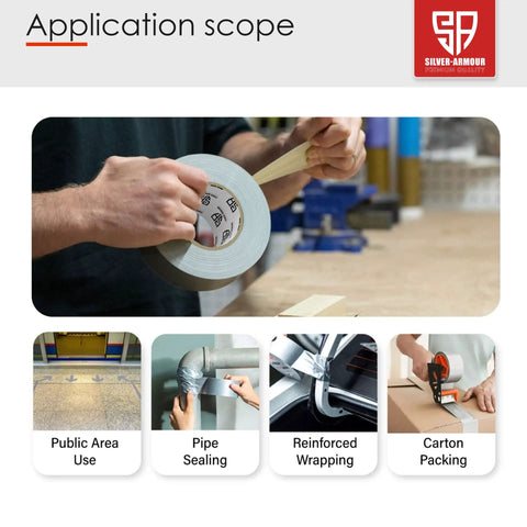 Person using Heavy Duty Duct Tape That Works Like A Charm, Waterproof Tear By Hand Adhesive No Residue, Five Pack Extra Long And Strong Rolls, Grey Packing Tape Also Available Two Inch Width For Quick Fixes And DIY Projects on a box.