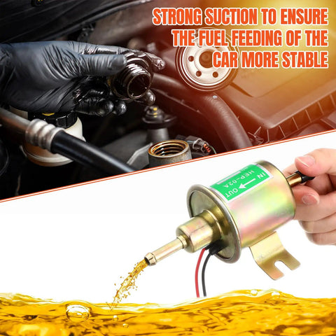 Two Pack 12V Low Pressure Inline Fuel Pump Kit 4 To 7 PSI in use showing fuel pouring into engine