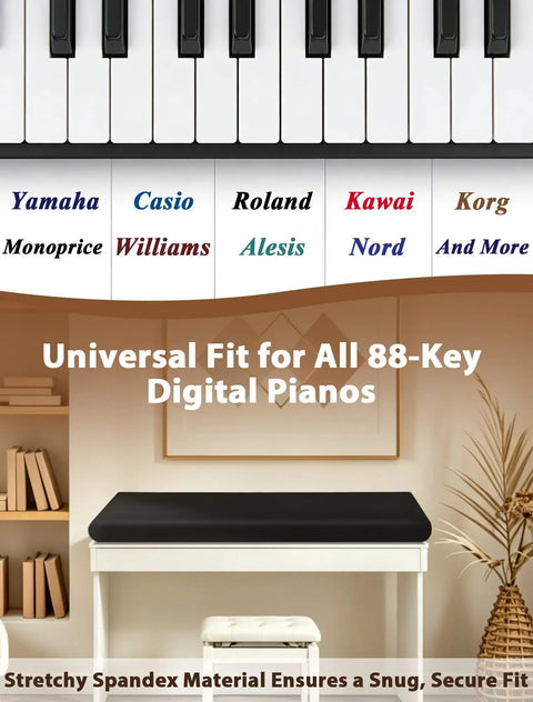 88 Keys Piano Keyboard Dust Cover Stretchy Protective Shield With Elastic Cord Locking Clasp Universal Fit For All 88 Keys Digital Pianos And Keyboards A Must Have Piano Gear displayed in a home setting.