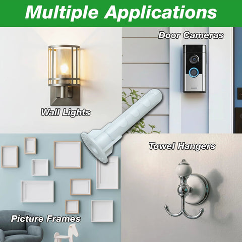 Multiple applications of Alligator AF6 Flanged Anchor with screws for wall lights, door cameras, towel hangers, picture frames.