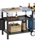 Outdoor Stainless Steel Grill Table 34 Inch Long By 20 Inch Wide With Magnetic Tool Holder Wheels Hooks Side Tray And Handle for cooking.