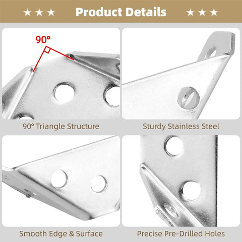 24 Piece Stainless Steel Triangle Corner Connectors Set for Cabinets Shelves Tables and Chairs with 90° angle details