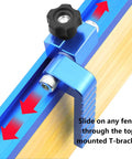 Rock Solid Dead On T Track Flip Fence Stop For Woodworking Router Tables And Saws With Five Sixteenths Inch T Bolt Universal Multi Track Compatible Die Cast Aluminum 2 Pack Heavy Duty Gear on blue anodized aluminum track.