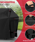Close-up of black 70 Inch Outdoor Grill Cover Heavy Duty Waterproof Protector For Gas Grills with air vents and handles.