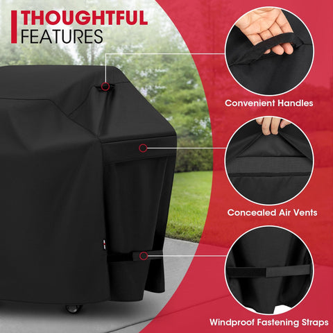 Close-up of black 70 Inch Outdoor Grill Cover Heavy Duty Waterproof Protector For Gas Grills with air vents and handles.