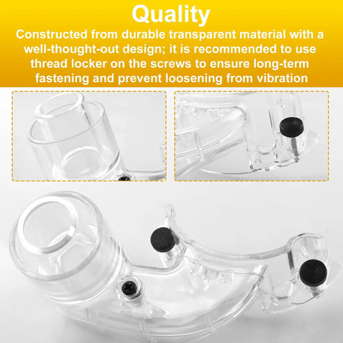 DEWALT DWP611 Router Dust Collection Adapter shown from multiple angles, made of transparent durable material.