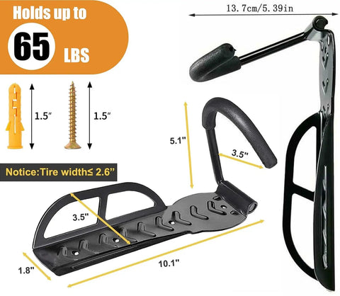 Heavy Duty Electric Scooter Wall Mount Rack With Bulletproof Vertical Hook Holder For Garage Or Shed Storage Space Saver Handles Kid Bikes And E Scooters Up To Sixty Pounds Zero Hassle Install Two Pack showing dimensions and mounting hardware.