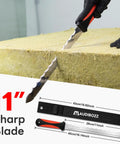 Stainless Steel Insulation And Sod Cutter Knife With 11.14 Inch Double Sided Blade used on rock wool, shown with nylon sheath.