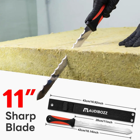 Stainless Steel Insulation And Sod Cutter Knife With 11.14 Inch Double Sided Blade used on rock wool, shown with nylon sheath.