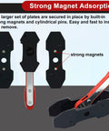 JoyFans brake caliper compression tool set with four spreader plates; black plates and red-handle, front view