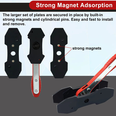 JoyFans brake caliper compression tool set with four spreader plates; black plates and red-handle, front view