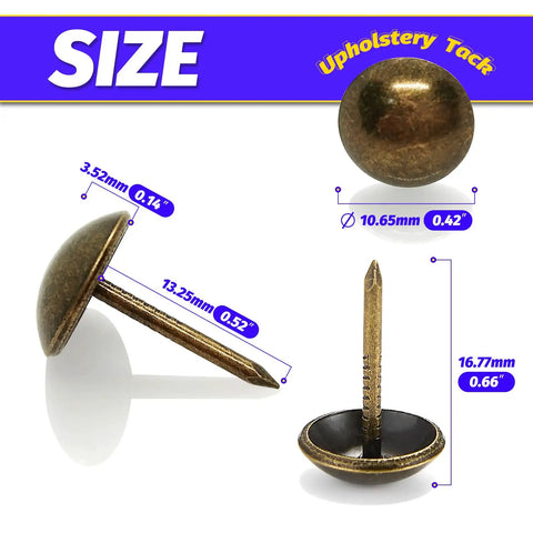 Top Shelf Heavy Duty Upholstery Tacks For Sofa And Furniture 400 Piece Pack Slick Brass Finish 7 16 Inch Heads showing size dimensions.