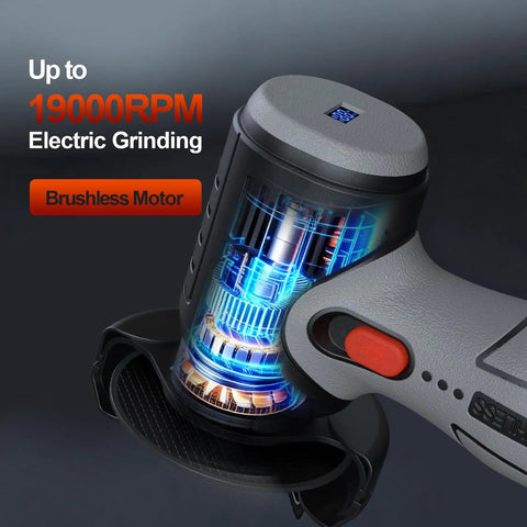 Close-up view of Beast Of A Brushless Cordless Angle Grinder Kit With 19500 RPM showing brushless motor details.
