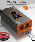 12V To 110V Pure Sine Wave Car Inverter with Type C Port, dual AC outlets, 3 USB ports, LCD display, remote control, dimensions shown