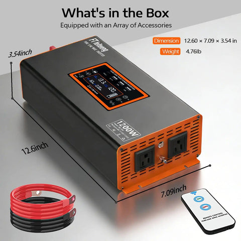 12V To 110V Pure Sine Wave Car Inverter with Type C Port, dual AC outlets, 3 USB ports, LCD display, remote control, dimensions shown