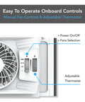 Control panel of Triple Window Fan With Adjustable Thermostat, Three Speed High Velocity Cooling, featuring manual controls