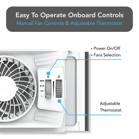 Control panel of Triple Window Fan With Adjustable Thermostat, Three Speed High Velocity Cooling, featuring manual controls