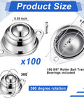 100 Pack 5/8 Inch Carbon Steel Ball Rollers Heavy Duty Caster Wheels showing dimensions and design features, 360° rotation, durable material.