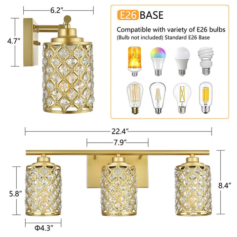 Three Light Black Bathroom Light Fixtures With Crystal Accents Elevate Your Dope Modern Farmhouse Vanity Wall Lamps E26 socket view