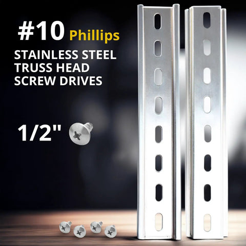 DIN Rail Slotted Aluminum 8 Inch Length By 35mm Width For Mounting Relays Contactors Circuit Breakers And Terminal Blocks RoHS Compliant Includes 16 Size 10 Stainless Steel Screws alongside size 10 Phillips screws