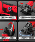 Cordless Beast Four And A Half Inch Angle Grinder With Brushless Motor, 12000 RPM, showcasing rotary lock, 2-position handle, spindle lock, protect cover
