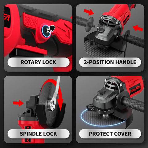 Cordless Beast Four And A Half Inch Angle Grinder With Brushless Motor, 12000 RPM, showcasing rotary lock, 2-position handle, spindle lock, protect cover