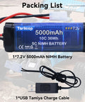 7.2V 5000mAh NiMH RC Battery Pack With Tamiya Plug for RC Cars and USB charging cable included.