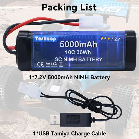 7.2V 5000mAh NiMH RC Battery Pack With Tamiya Plug for RC Cars and USB charging cable included.